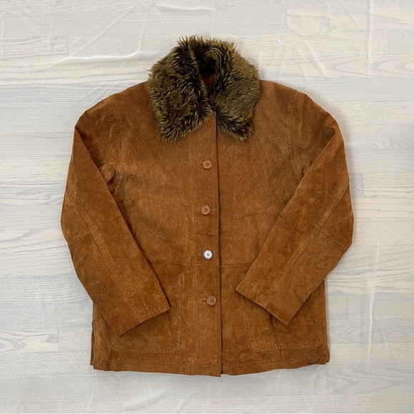 90s Brown Suede Leather & Faux Fur Winter Work Coat - Picture 1 of 8